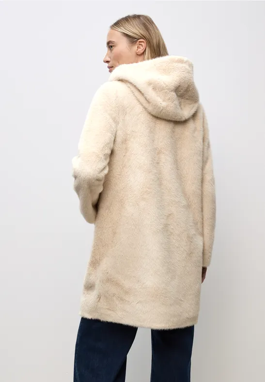 Fake Fur Mantel mit Kapuze pastel sand