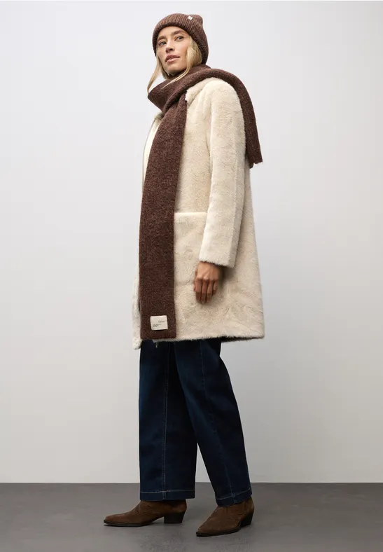 Fake Fur Mantel mit Kapuze pastel sand