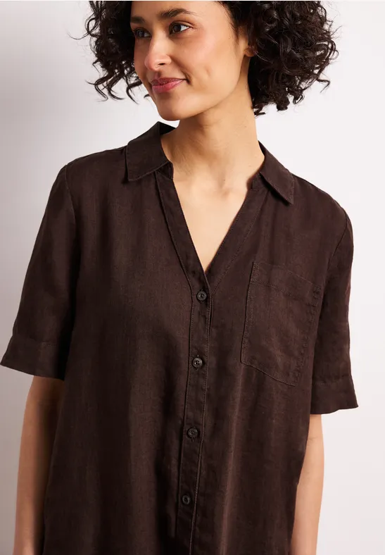 Linnen midi-jurk met knoopsluiting espresso brown