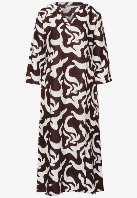 Midi-Kleid aus Leinen mit Print espresso brown