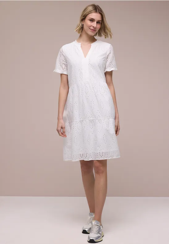 Knielanges Kleid mit Shiffleymuster off white