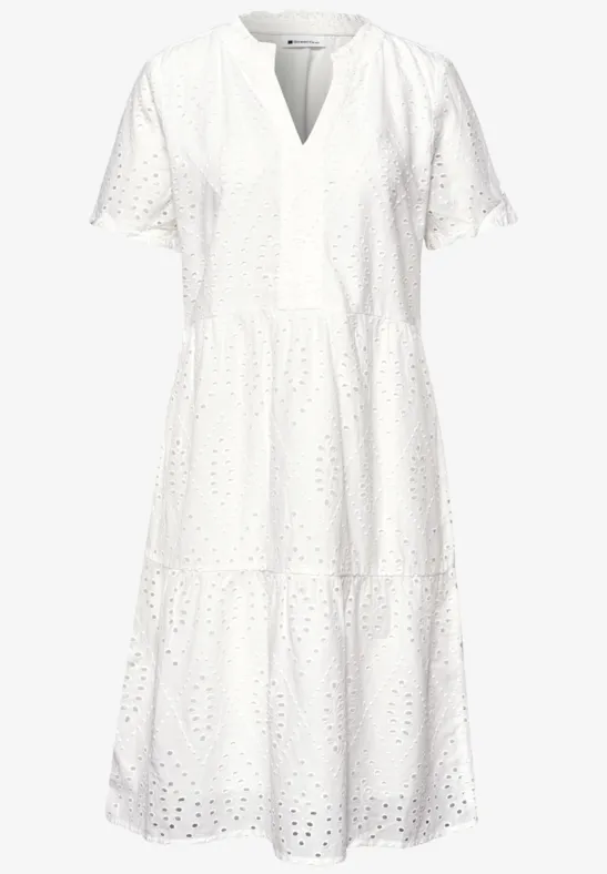 Knielanges Kleid mit Shiffleymuster off white
