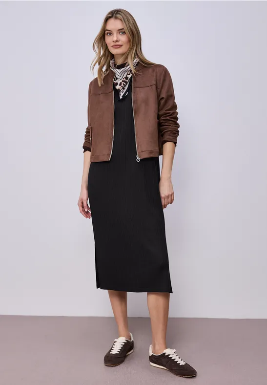 Sukienka midi z dżerseju o strukturze w prążki Black