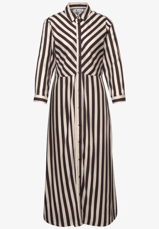 Langes Hemdkleid aus Baumwolle mit schwarz-weißen Längsstreifen, tailliert und mit Knopfleiste.