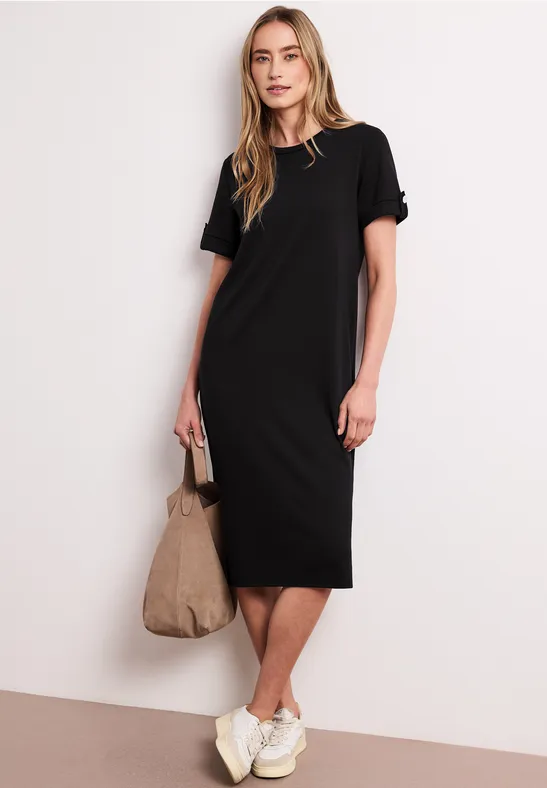 Midi-Kleid mit Rundhals und Knöpfen Black