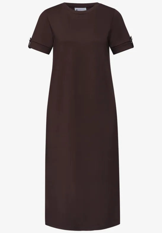 Braunes Midi-T-Shirt-Kleid, kurzärmelig mit Rundhalsausschnitt, schlicht und lässig