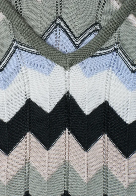 Nahaufnahme eines gestrickten Pullovers mit Zickzackmuster in Grau, Hellblau, Weiß, Schwarz und Beige.