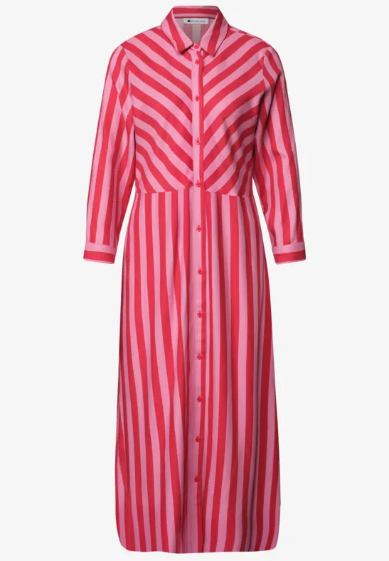 Midi-Kleid mit roten und rosa Streifen, 3/4-Ärmeln, Hemdkragen, Knopfleiste und Taillengürtel.