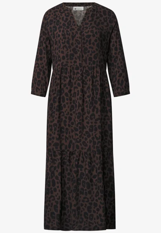 Langes V-Ausschnitt-Kleid mit 3/4-Ärmeln in dunkelbraun mit schwarzem Leoprint