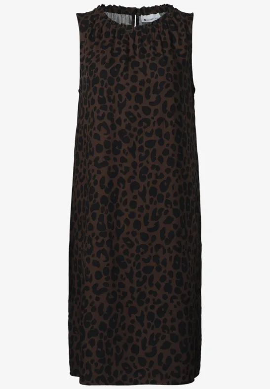 Ärmelloses Midi-Kleid mit braun-schwarzem Leopardenmuster und Rundhalsausschnitt