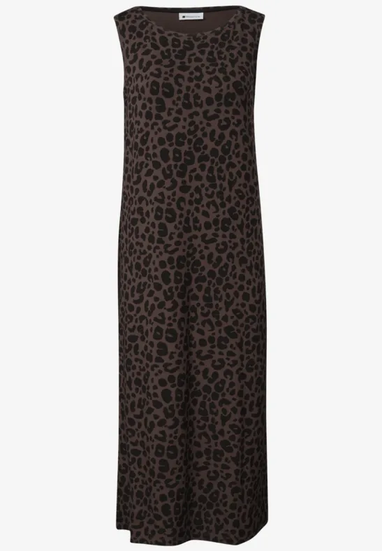 Ärmelloses Midikleid in Braun mit schwarzem Leopardenprint und weitem Rock.