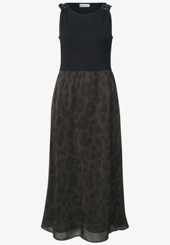 Ärmelloses Maxikleid mit schwarzem Oberteil und dunkelgrünem, leopardemusterem Chiffonrock.