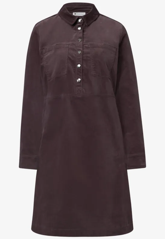Lässiges Midikleid aus Cord in Dunkelviolett, mit Stehkragen, Knopfleiste und langen Ärmeln.