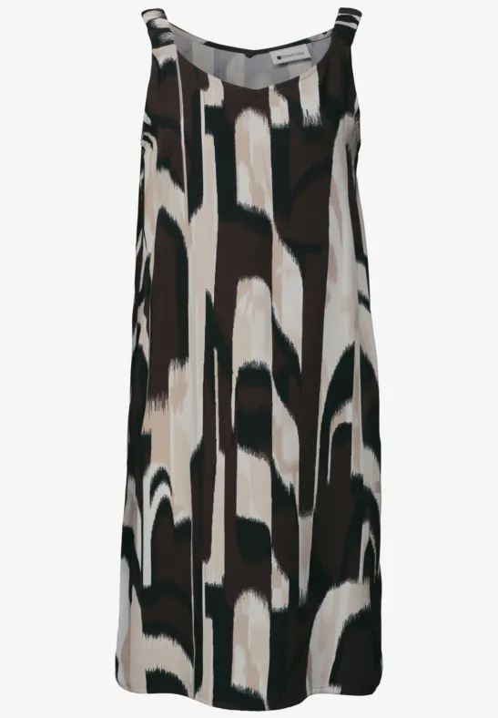 Robe mi-longue sans manches à motif abstrait en noir, marron et blanc