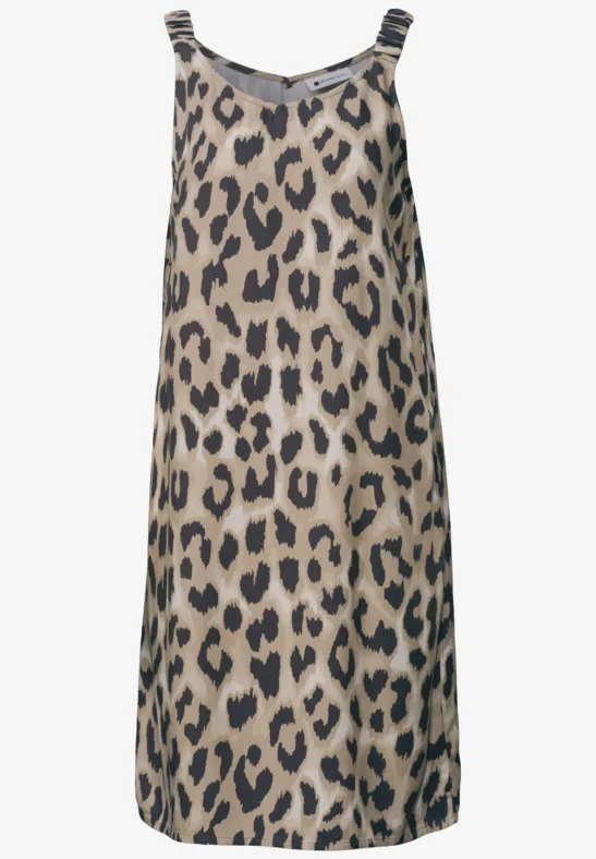 Ärmelloses A-Linien-Kleid mit beigem Grund und schwarzem Leopardenmuster.