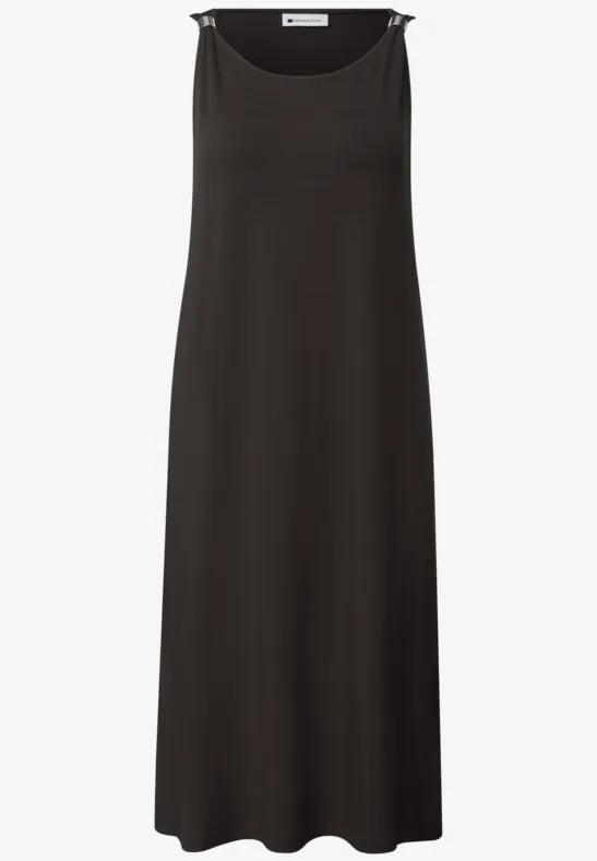 Schlichtes, ärmelloses Midi-Kleid in Schwarz mit rundem Halsausschnitt.