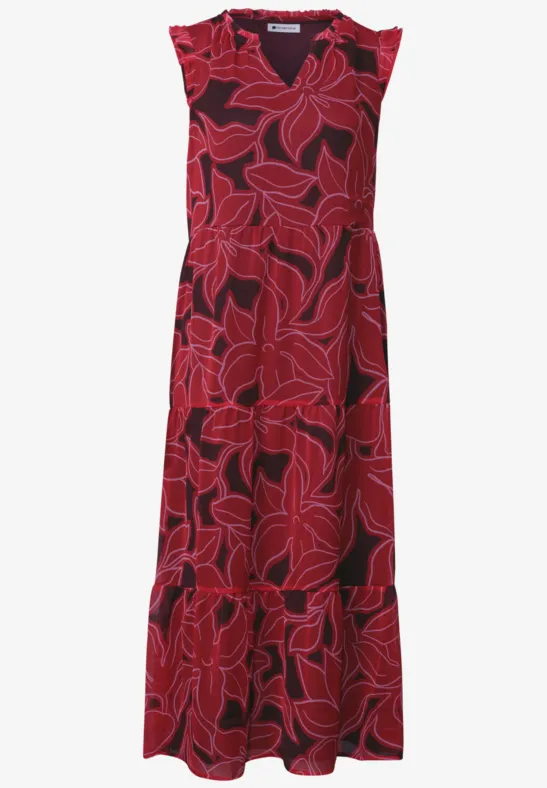 Ärmelloses, knöchellanges rotes Kleid mit auffälligem Blättermuster und Volant am Saum