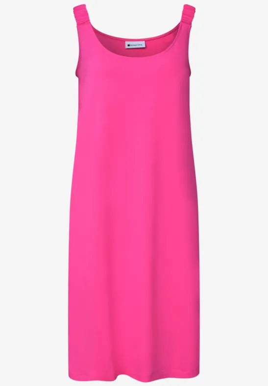 Ärmelloses, knielanges Kleid in leuchtendem Pink mit schlichtem, geradem Schnitt.