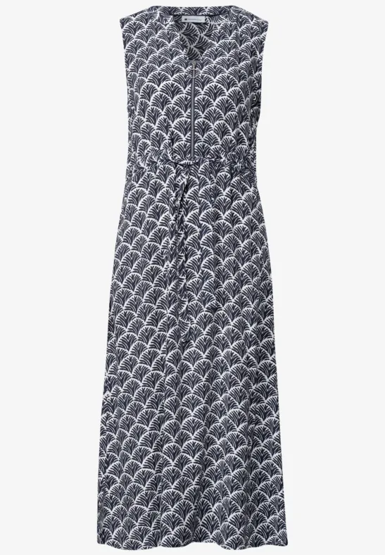 Ärmelloses Midikleid in Marineblau mit weißem Muschelprint, V-Ausschnitt und Taillengürtel