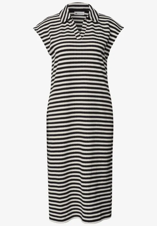 Schwarz-weiß gestreiftes Polokleid mit Kragen und kurzen Ärmeln, midi-langer, figurbetonter Schnitt.