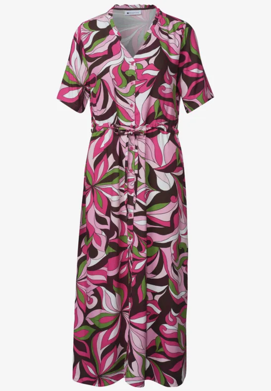 Lange, luchtige jurk met abstracte roze-groene print, V-hals, korte mouwen en ceintuur.