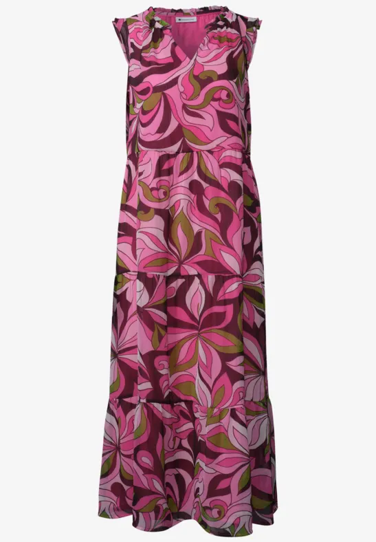 Ärmelloses Maxikleid mit pink-lilanem Blattmuster.