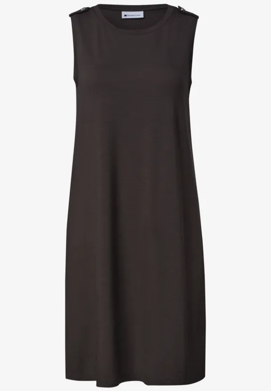 Einfaches, ärmelloses, knielanges Kleid in dunklem Braun.