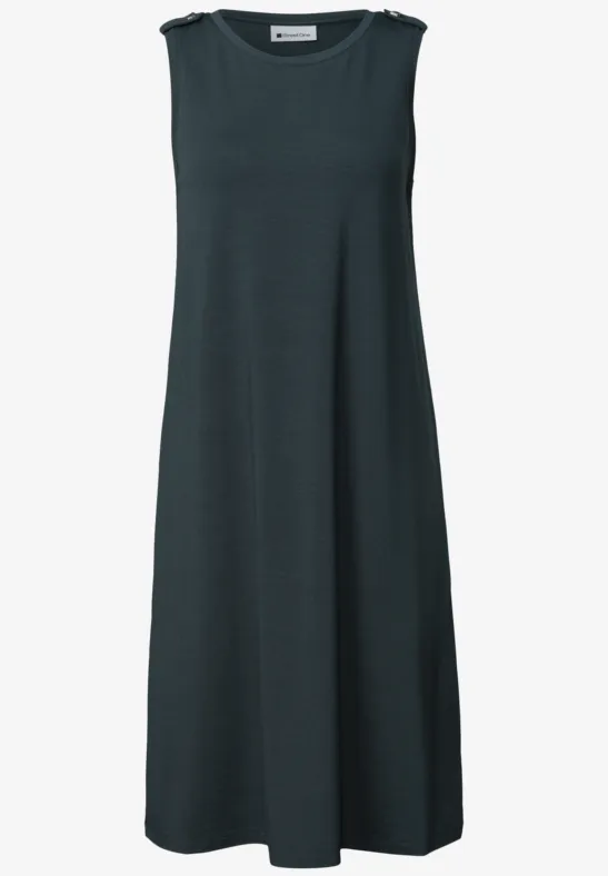 Ärmelloses, knielanges, dunkelgraues A-Linien-Kleid aus fließendem Stoff.