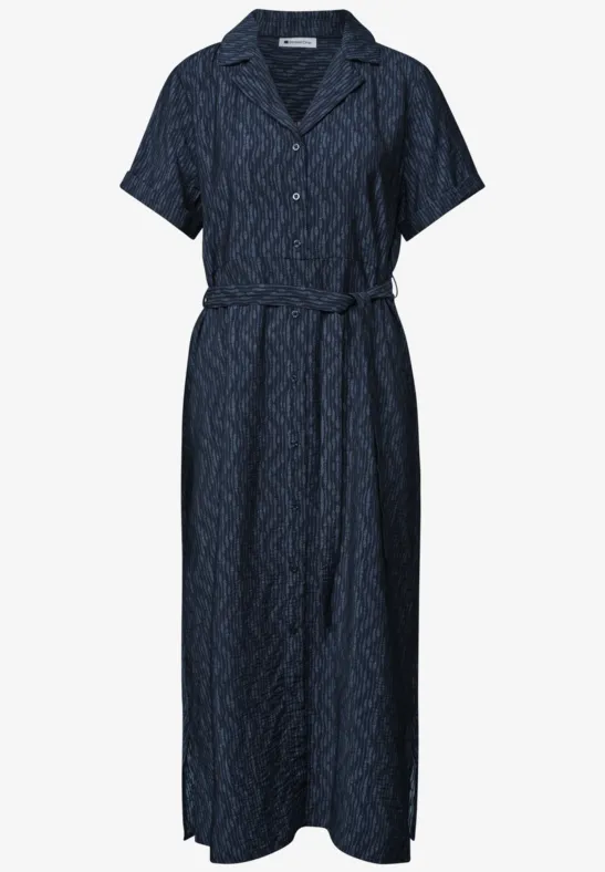 Dunkelblaues Hemdkleid mit kurzen Ärmeln, Knopfleiste, Reverskragen und Taillengürtel.