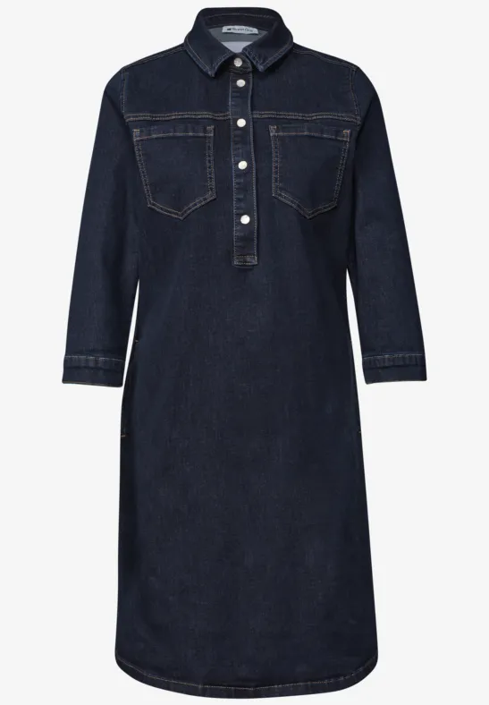 Dunkelblaue Jeans-Hemdblusenkleid in Midilänge mit langen Ärmeln, Knopfleiste und Brusttaschen.