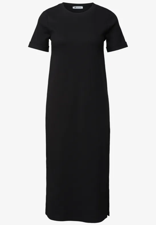 Schlichtes schwarzes T-Shirt-Kleid mit kurzen Ärmeln und knöchellangem, geradem Schnitt.