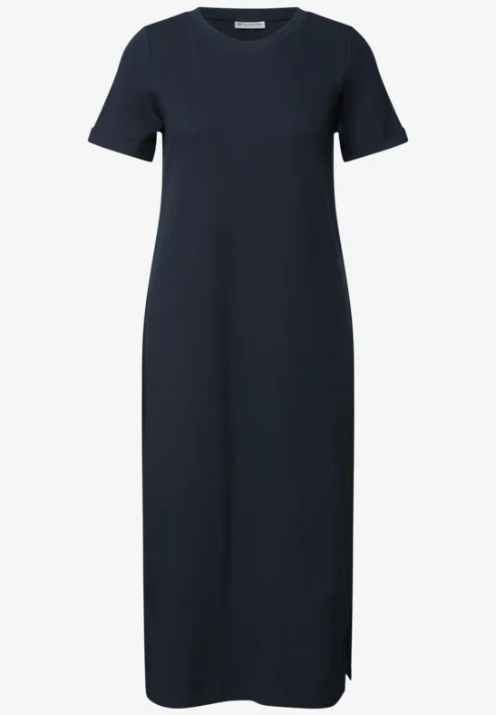 Schlichtes dunkelblaues T-Shirt-Kleid mit V-Ausschnitt und kurzen Ärmeln, midi-Länge