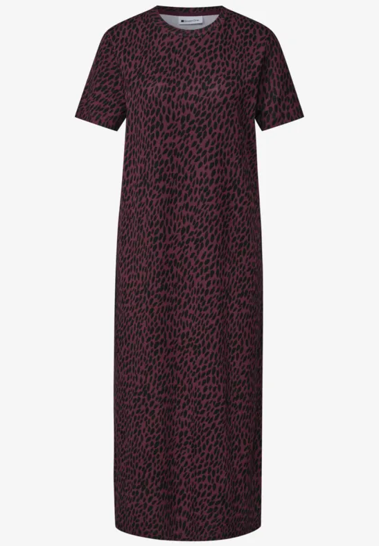 Langes T-Shirt-Kleid mit kurzen Ärmeln und Rundhalsausschnitt in Schwarz mit pinkem Leomuster.