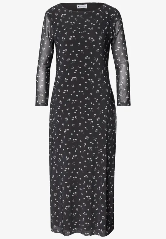 Schwarzes, eng anliegendes Midi-Kleid mit transparenten Ärmeln und kleinem weißen Blumenmuster.