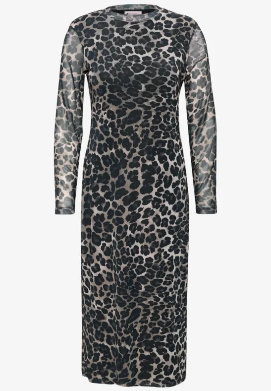 Elegantes, langärmliges Midi-Kleid mit Leopardenmuster in Schwarz und Beige