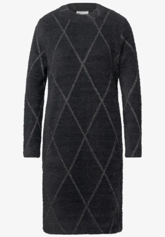 Lässiges Strickkleid in Anthrazit mit Rautenmuster, langärmlig und knielang, weiches Teddy-Finish
