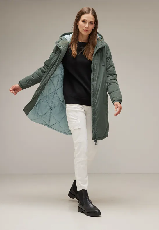 Blouson Long Femme Street One Avec Capuche Amovible - Coupe Sportive, Brillance Soyeuse, Poches Latérales