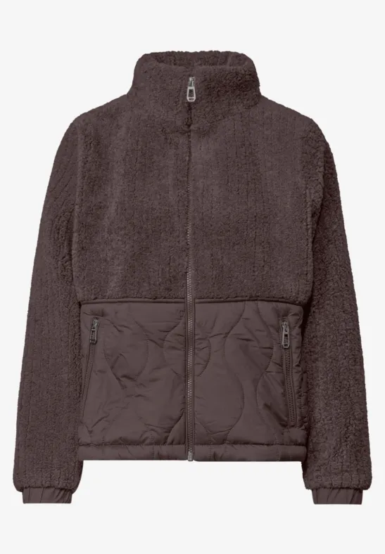Dunkelgraue Teddy-Fleece-Jacke mit Reißverschluss und Taschen