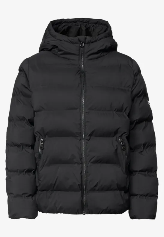 Schwarze, wattierte Kapuzenjacke mit Reißverschluss und Seitentaschen.