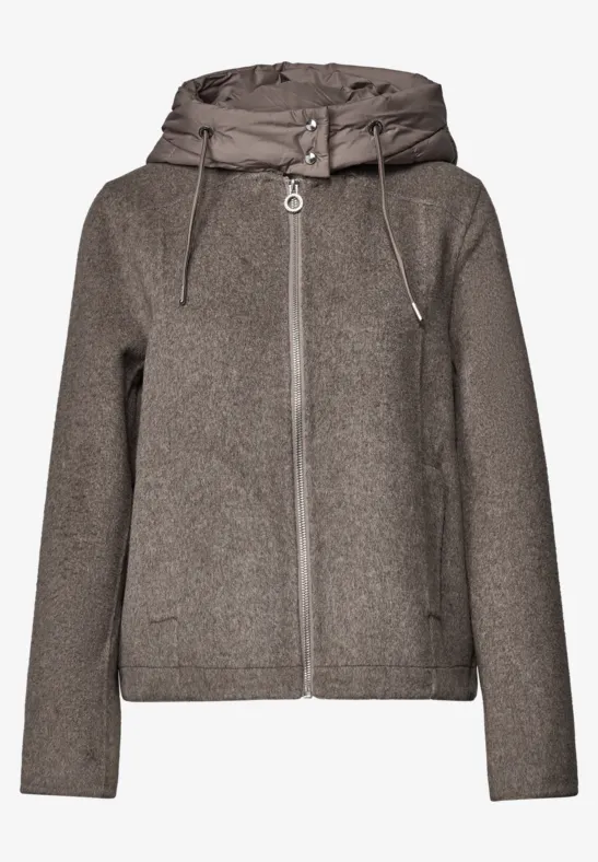Grau-braune Jacke mit Kapuze, Reißverschluss und Taschen