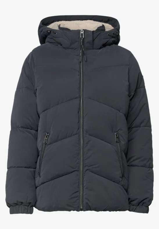 Schwarze, wattierte Kapuzenjacke mit Reißverschluss und Seitentaschen, gestepptes Design.