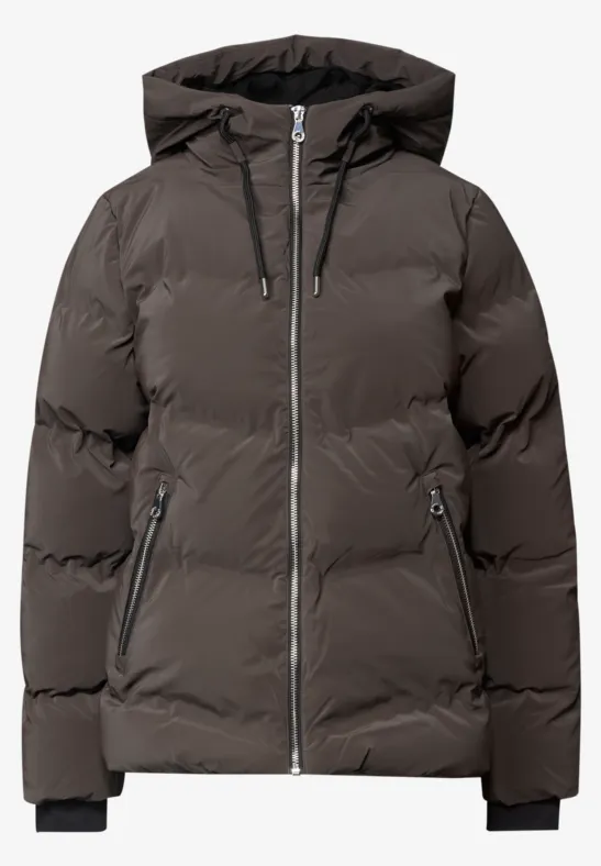 Dunkelgraue Daunenjacke mit Kapuze, Reißverschluss und seitlichen Taschen.