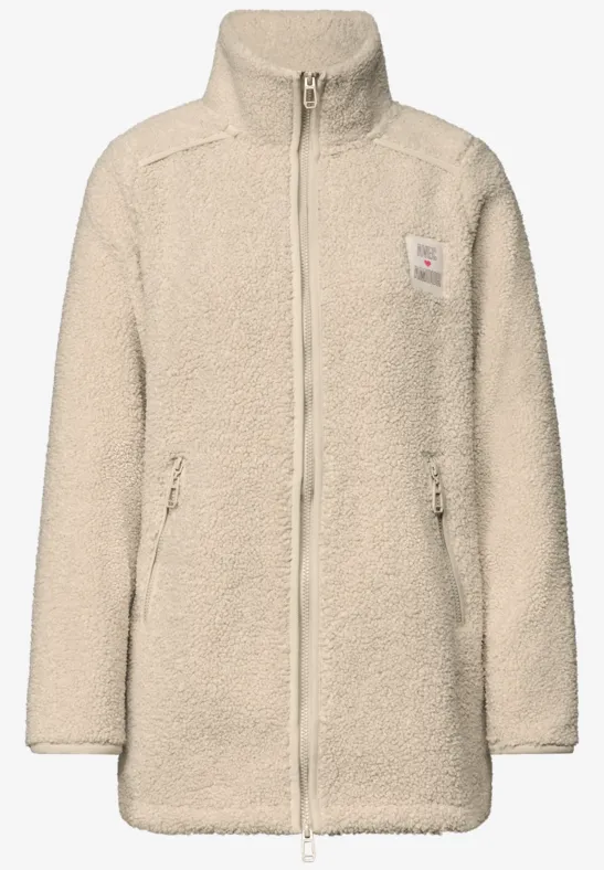 Beiger Teddy-Fleece-Mantel mit durchgehendem Reißverschluss und hohem Kragen.