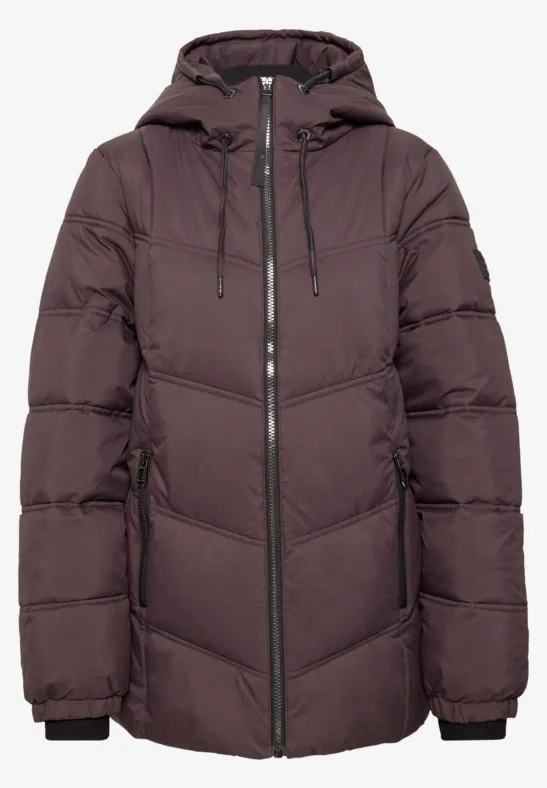 Dunkelbraune, wattierte Winterjacke mit durchgehendem Reißverschluss, Kapuze und Steppmuster.