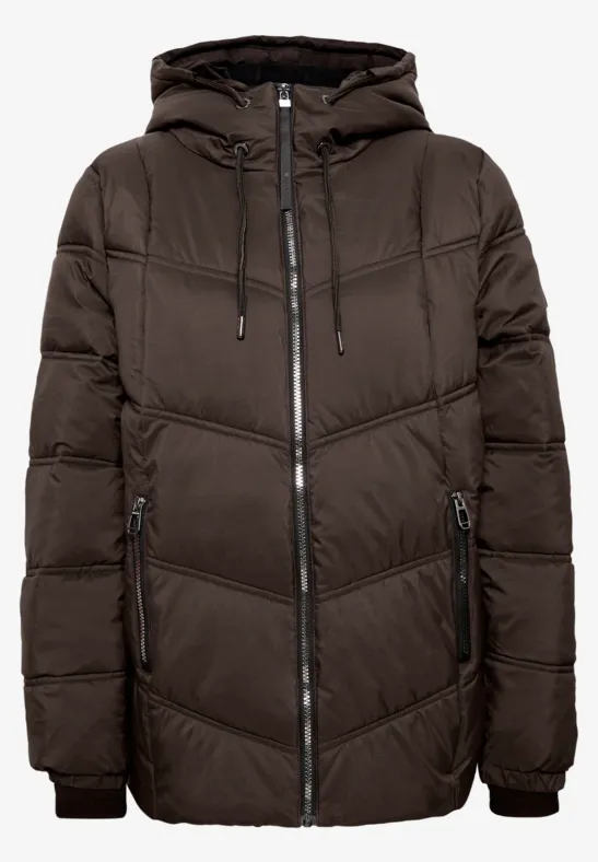 Dunkelbraune gesteppte Kapuzenjacke mit Reißverschluss und Taschen.