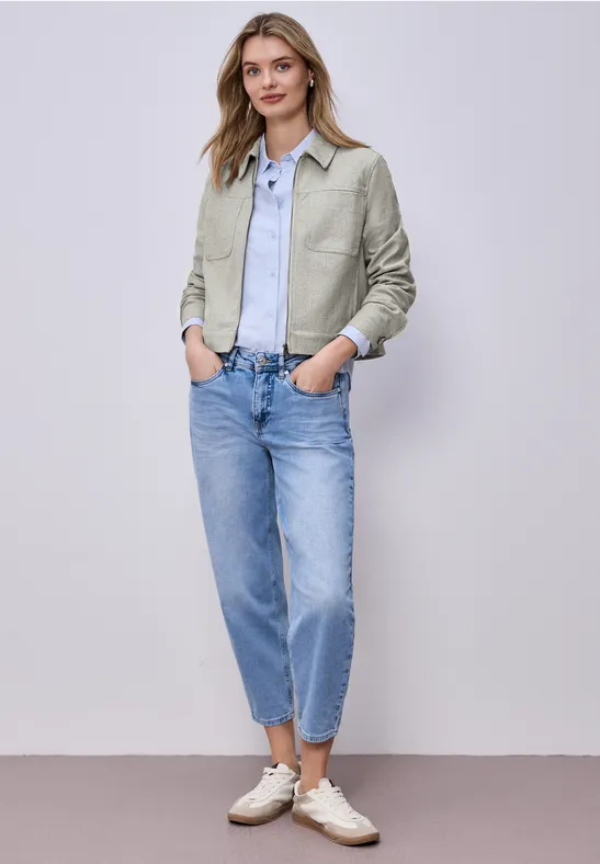 Jas met visgraatmotief en ritssluiting smoke beige