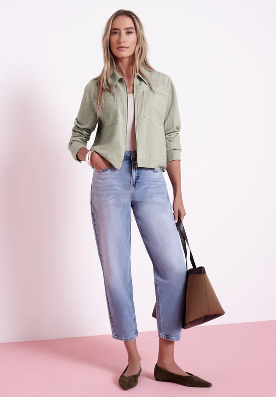 Jas met visgraatmotief en ritssluiting smoke beige