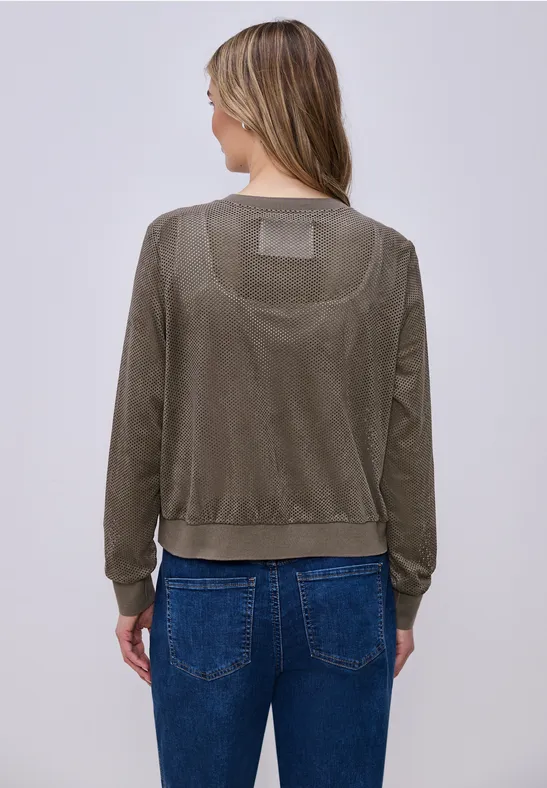 Blouson van velours mesh met ritssluiting dark beige