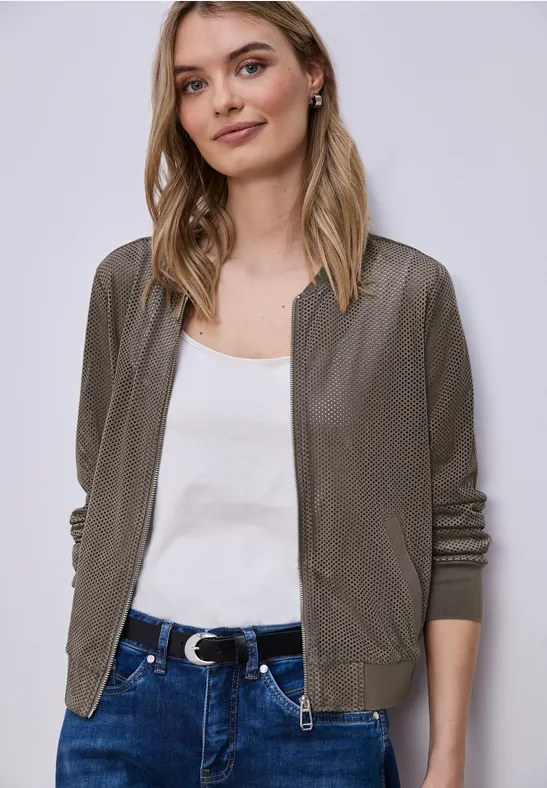 Blouson van velours mesh met ritssluiting dark beige