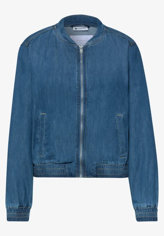 Blauwe denim bomberjack met ritssluiting en zijzakken.